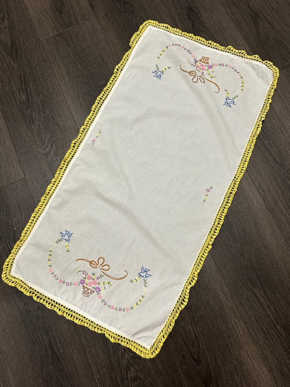 Handmade Embroidered Floral Table Runner with Yellow Crochet Edge